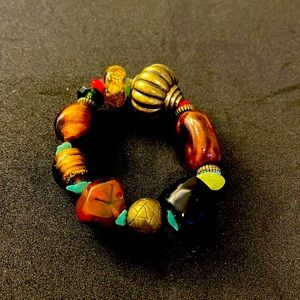 Stretch chunky spice/warm brown/gold tone glass and wooden  bead bracelet